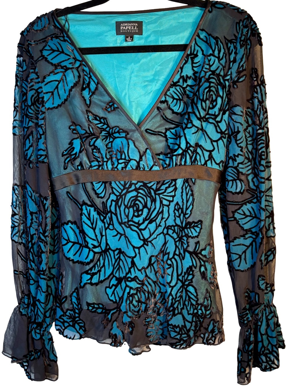 Adrianna Papell Black Sheer Blouse with Teal Floral velvet burnout 49% silk
